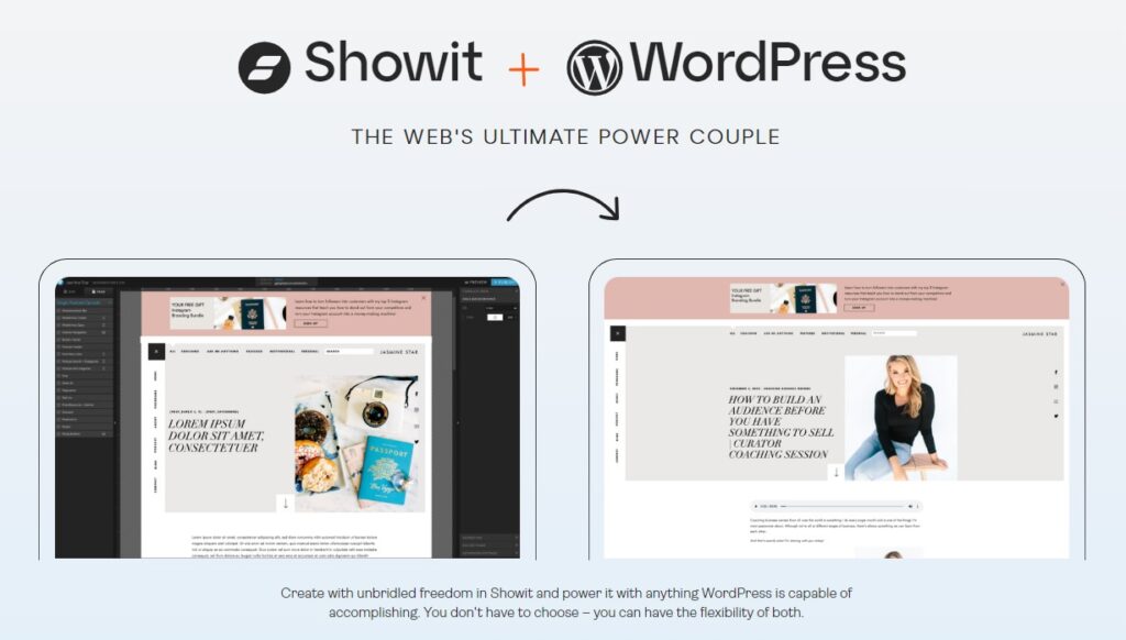 Screenshot: Showit + WordPress - Die ultimative Kombination. Freiheit in Showit, Leistung von WordPress.